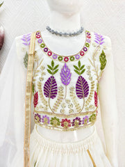Girls’ White Floral Printed Lehenga Choli with Dupatta