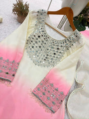 Women’s Embroidered Mirror Work Straight Salwar Suit Set with Palazzo & Dupatta