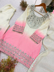 Women’s Embroidered Mirror Work Straight Salwar Suit Set with Palazzo & Dupatta
