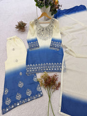 Women’s Embroidered Mirror Work Straight Salwar Suit Set with Palazzo & Dupatta