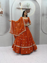 Women’s Bandhej Lehenga Choli with Embroidery & Mirror Work Dupatta