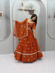 Women’s Bandhej Lehenga Choli with Embroidery & Mirror Work Dupatta