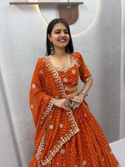 Women’s Bandhej Lehenga Choli with Embroidery & Mirror Work Dupatta