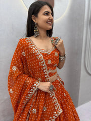 Women’s Bandhej Lehenga Choli with Embroidery & Mirror Work Dupatta