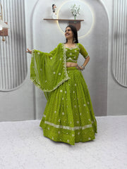 Women’s Bandhej Lehenga Choli with Embroidery & Mirror Work Dupatta