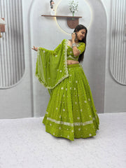 Women’s Bandhej Lehenga Choli with Embroidery & Mirror Work Dupatta