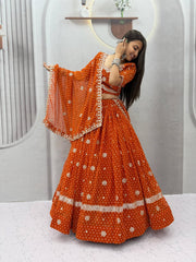 Women’s Bandhej Lehenga Choli with Embroidery & Mirror Work Dupatta