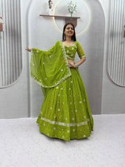 Women’s Bandhej Lehenga Choli with Embroidery & Mirror Work Dupatta