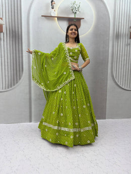 Women’s Bandhej Lehenga Choli with Embroidery & Mirror Work Dupatta