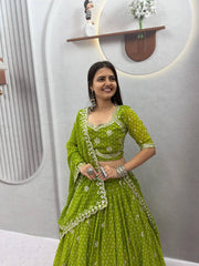 Women’s Bandhej Lehenga Choli with Embroidery & Mirror Work Dupatta
