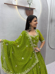 Women’s Bandhej Lehenga Choli with Embroidery & Mirror Work Dupatta