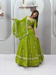 Women’s Bandhej Lehenga Choli with Embroidery & Mirror Work Dupatta
