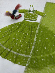 Women’s Bandhej Lehenga Choli with Embroidery & Mirror Work Dupatta