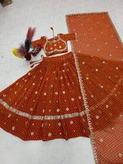 Women’s Bandhej Lehenga Choli with Embroidery & Mirror Work Dupatta