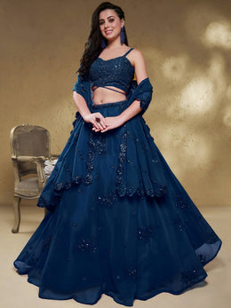 Women’s Blue Floral Embroidered Lehenga Choli with Dupatta