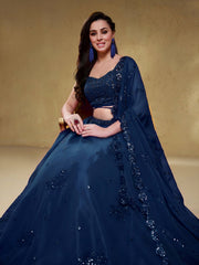Women’s Blue Floral Embroidered Lehenga Choli with Dupatta