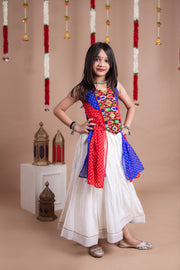 Girls’ White Bandhani Printed Lehenga Choli with Dupatta
