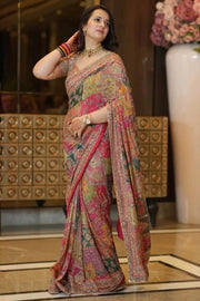 Women’s Printed Embroidered Saree with Heavy Border and Matching Blouse