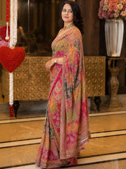 Women’s Printed Embroidered Saree with Heavy Border and Matching Blouse