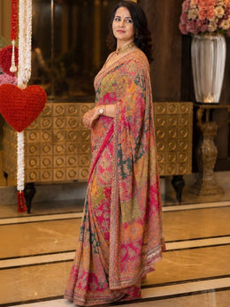 Women’s Printed Embroidered Saree with Heavy Border and Matching Blouse