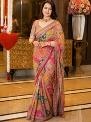 Women’s Printed Embroidered Saree with Heavy Border and Matching Blouse