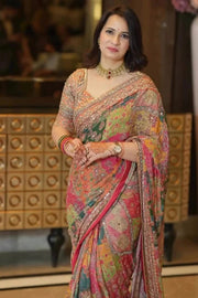 Women’s Printed Embroidered Saree with Heavy Border and Matching Blouse