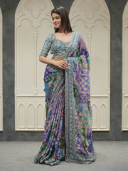 Women’s Printed Embroidered Saree with Heavy Border and Matching Blouse
