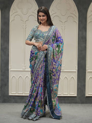 Women’s Printed Embroidered Saree with Heavy Border and Matching Blouse