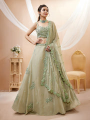 Women Green Georgette Lehenga Choli Set,Zari, Dori & Sequins Embroidery Work