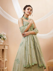 Women Green Georgette Lehenga Choli Set,Zari, Dori & Sequins Embroidery Work