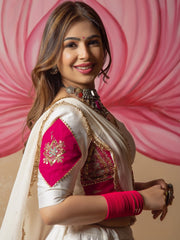 Women’s White Lehenga Choli with Pink Printed Border and Dupatta