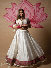 Women’s White Lehenga Choli with Pink Printed Border and Dupatta
