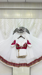 Women’s White Lehenga Choli with Pink Printed Border and Dupatta