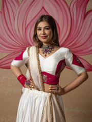 Women’s White Lehenga Choli with Pink Printed Border and Dupatta