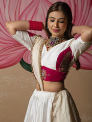Women’s White Lehenga Choli with Pink Printed Border and Dupatta