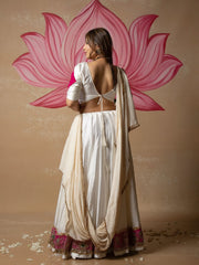 Women’s White Lehenga Choli with Pink Printed Border and Dupatta