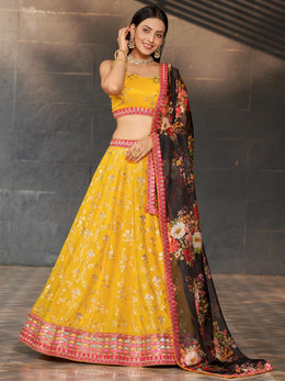 Women’s Yellow Embroidered Lehenga Choli with Floral Dupatta
