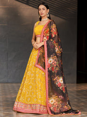 Women’s Yellow Embroidered Lehenga Choli with Floral Dupatta