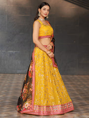 Women’s Yellow Embroidered Lehenga Choli with Floral Dupatta