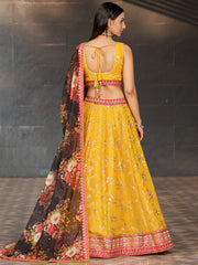 Women’s Yellow Embroidered Lehenga Choli with Floral Dupatta