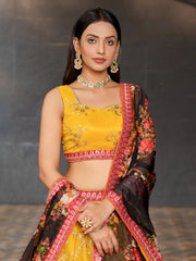 Women’s Yellow Embroidered Lehenga Choli with Floral Dupatta