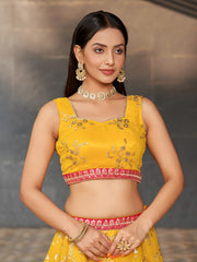 Women’s Yellow Embroidered Lehenga Choli with Floral Dupatta