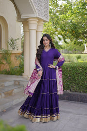 Women’s Anarkali Gown with Embroidered Dupatta Full Sleeve Flared Ethnic Long Dress