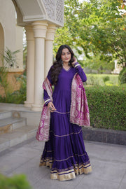 Women’s Anarkali Gown with Embroidered Dupatta Full Sleeve Flared Ethnic Long Dress