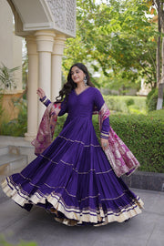 Women’s Anarkali Gown with Embroidered Dupatta Full Sleeve Flared Ethnic Long Dress