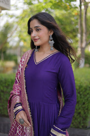 Women’s Anarkali Gown with Embroidered Dupatta Full Sleeve Flared Ethnic Long Dress