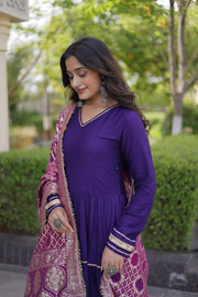 Women’s Anarkali Gown with Embroidered Dupatta Full Sleeve Flared Ethnic Long Dress