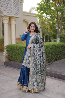 Women’s Anarkali Gown with Embroidered Dupatta Full Sleeve Flared Ethnic Long Dress