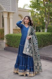 Women’s Anarkali Gown with Embroidered Dupatta Full Sleeve Flared Ethnic Long Dress