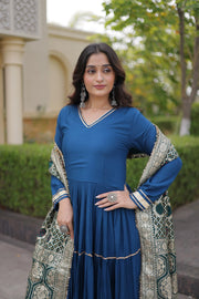Women’s Anarkali Gown with Embroidered Dupatta Full Sleeve Flared Ethnic Long Dress